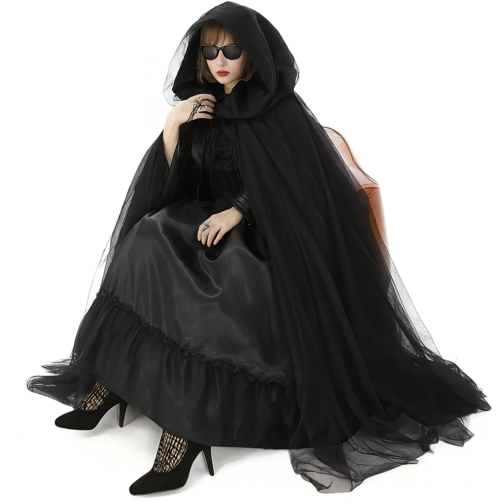 Halloween Hooded Witch Cloak – Mesh Tulle Chiffon Cape for Adults