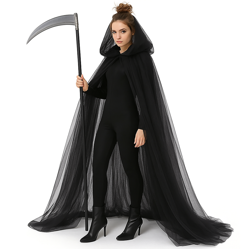 Halloween Hooded Witch Cloak – Mesh Tulle Chiffon Cape for Adults