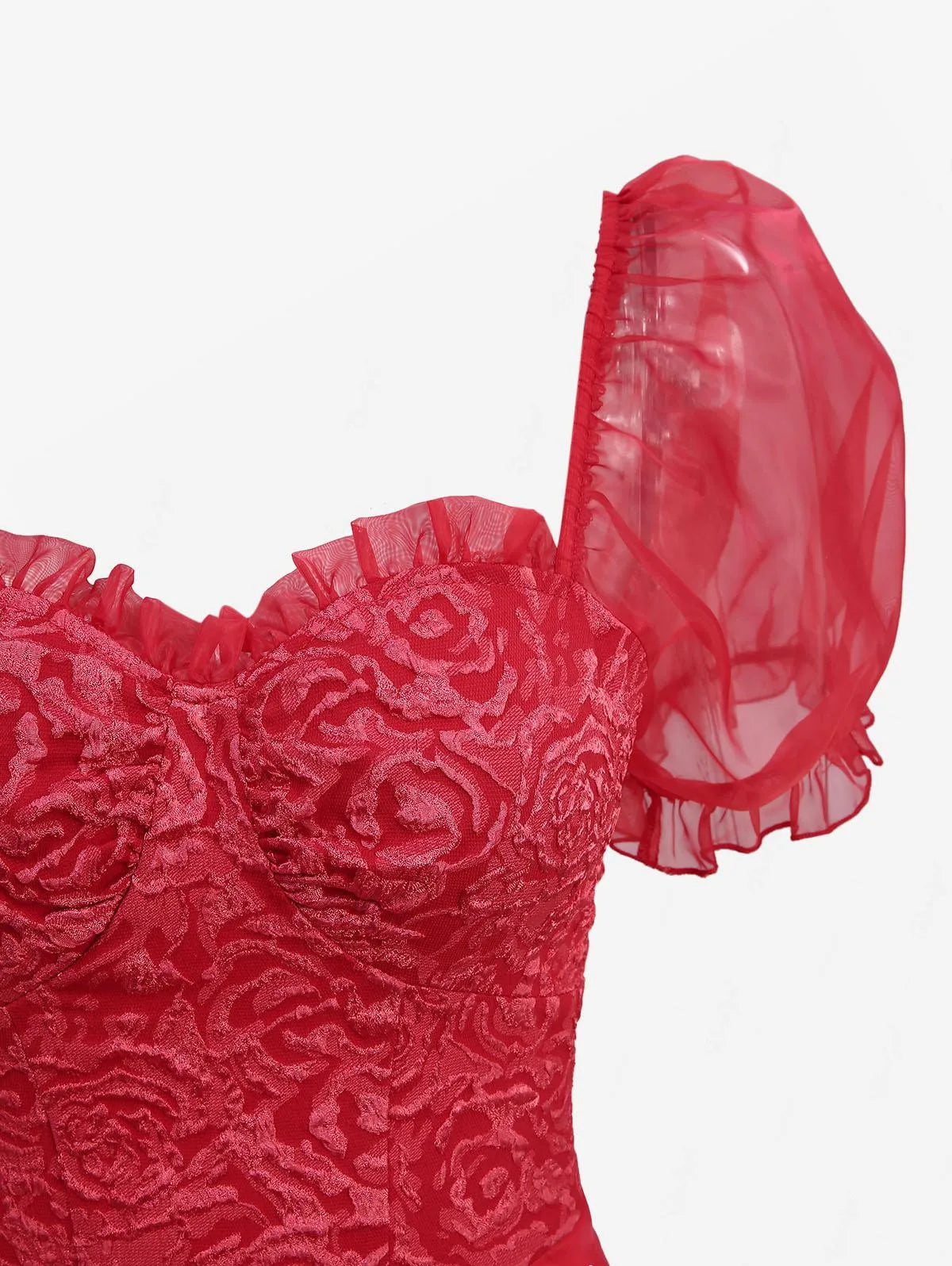 ROSEGAL Gothic Puff Sleeves Rose Flower Jacquard Layered Organze A Line Dress