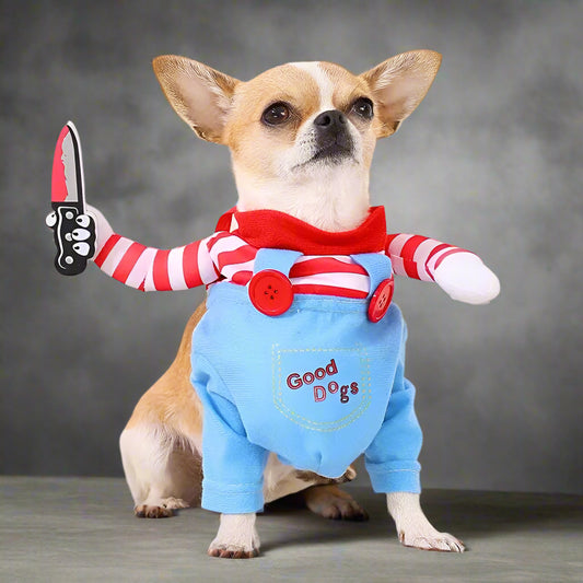 Funny Pet Halloween Jumpsuit – Dog & Cat Cosplay Costume with Foam Knife