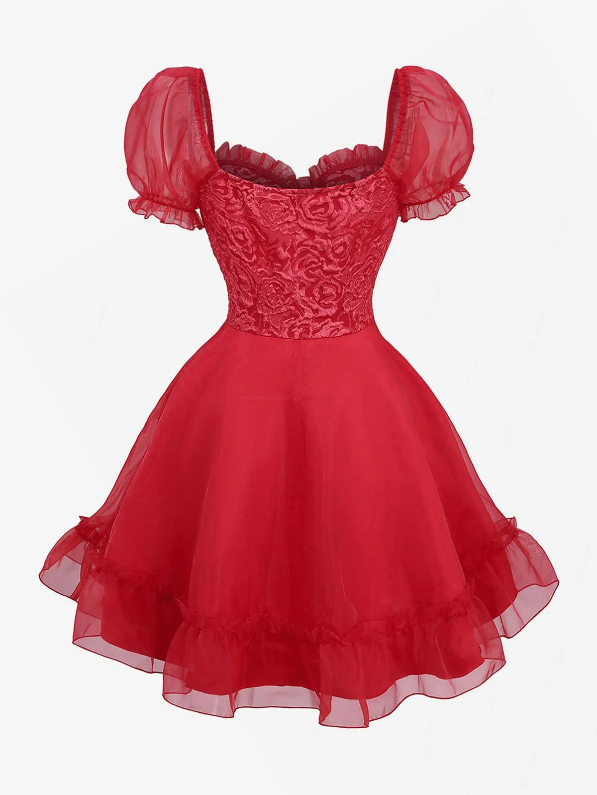 ROSEGAL Gothic Puff Sleeves Rose Flower Jacquard Layered Organze A Line Dress