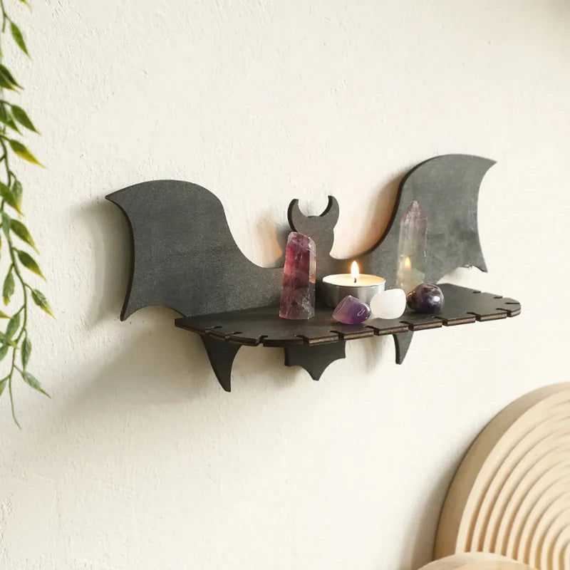 Black Wooden Shelf Gothic Bat Wall Hanging Decor Floating Shelves Display Stand Crystal Holder Witch Home Decor Halloween Decor