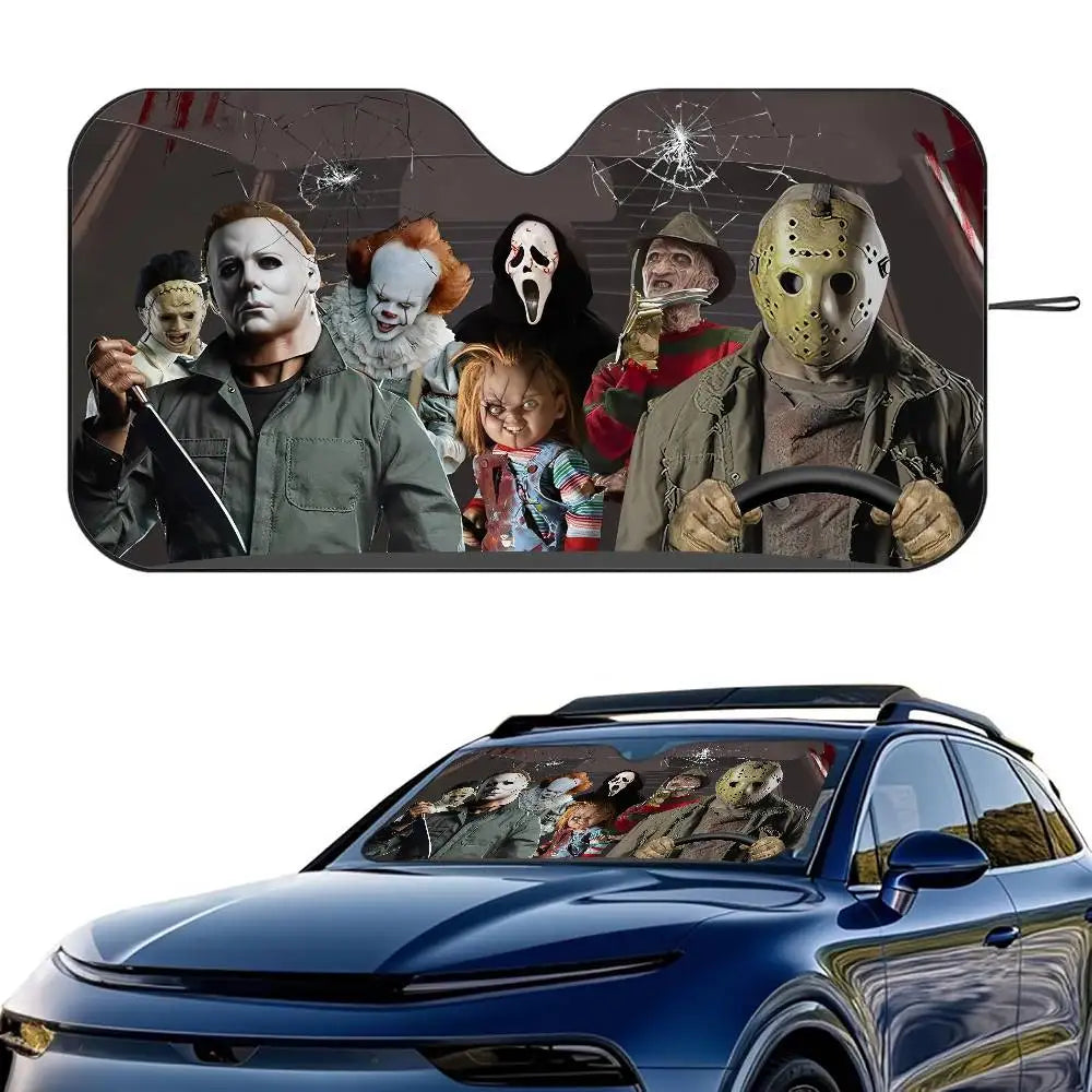 Horror Characters Car SunShade Windshield Foldable Three-layer Insulation Sunshade By Suction Cup Blocks UV Rays Sun