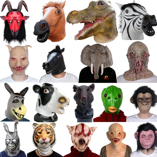 Collection of various animal and fantasy masks on a white background