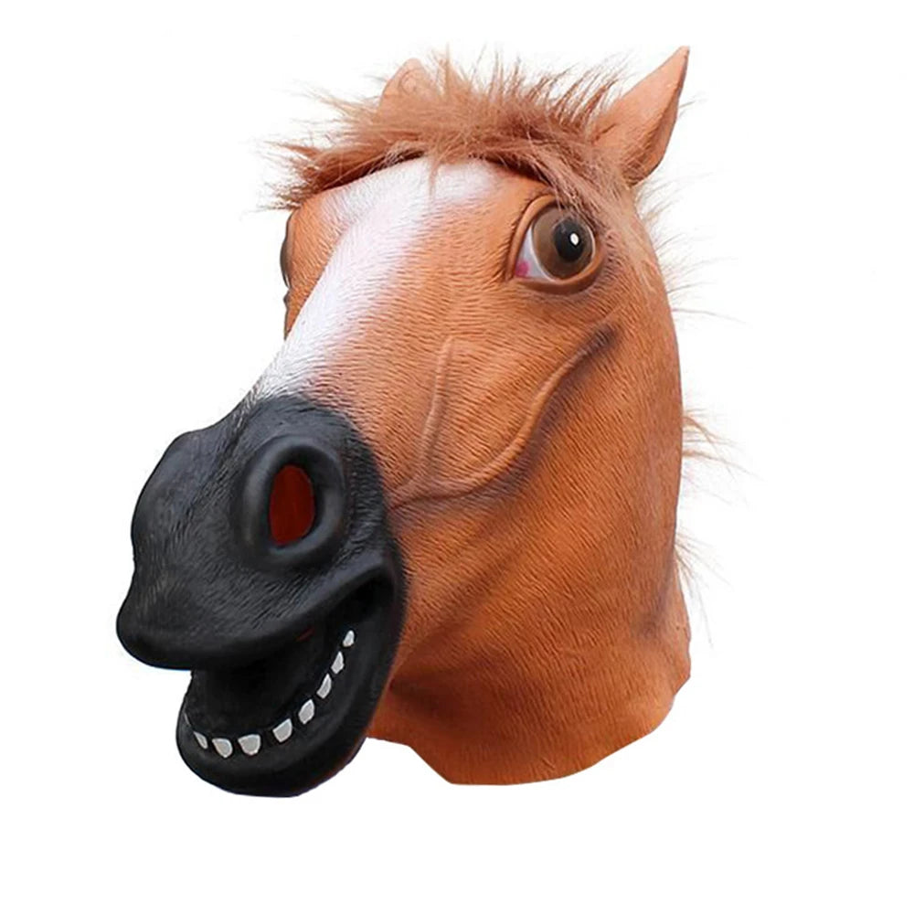 Horse mask with brown fur, black nose, and white face on a white background