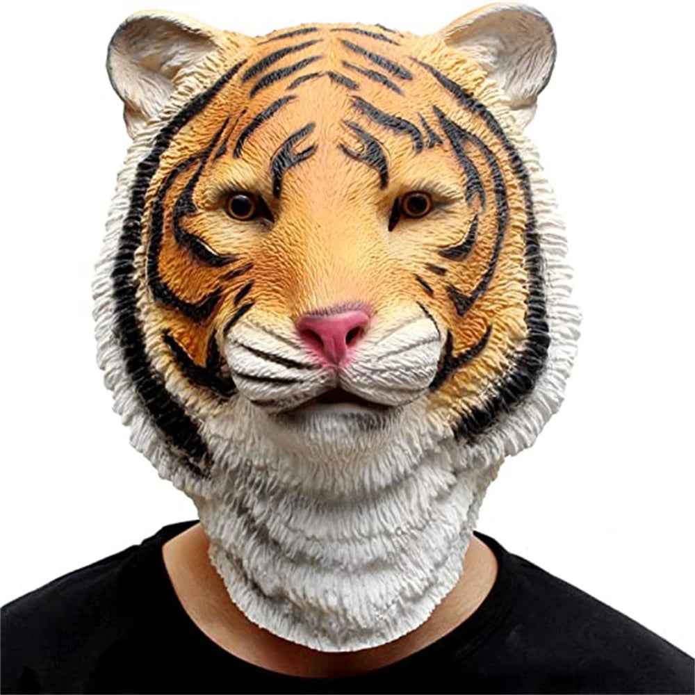 Tiger mask worn by a person on a white background