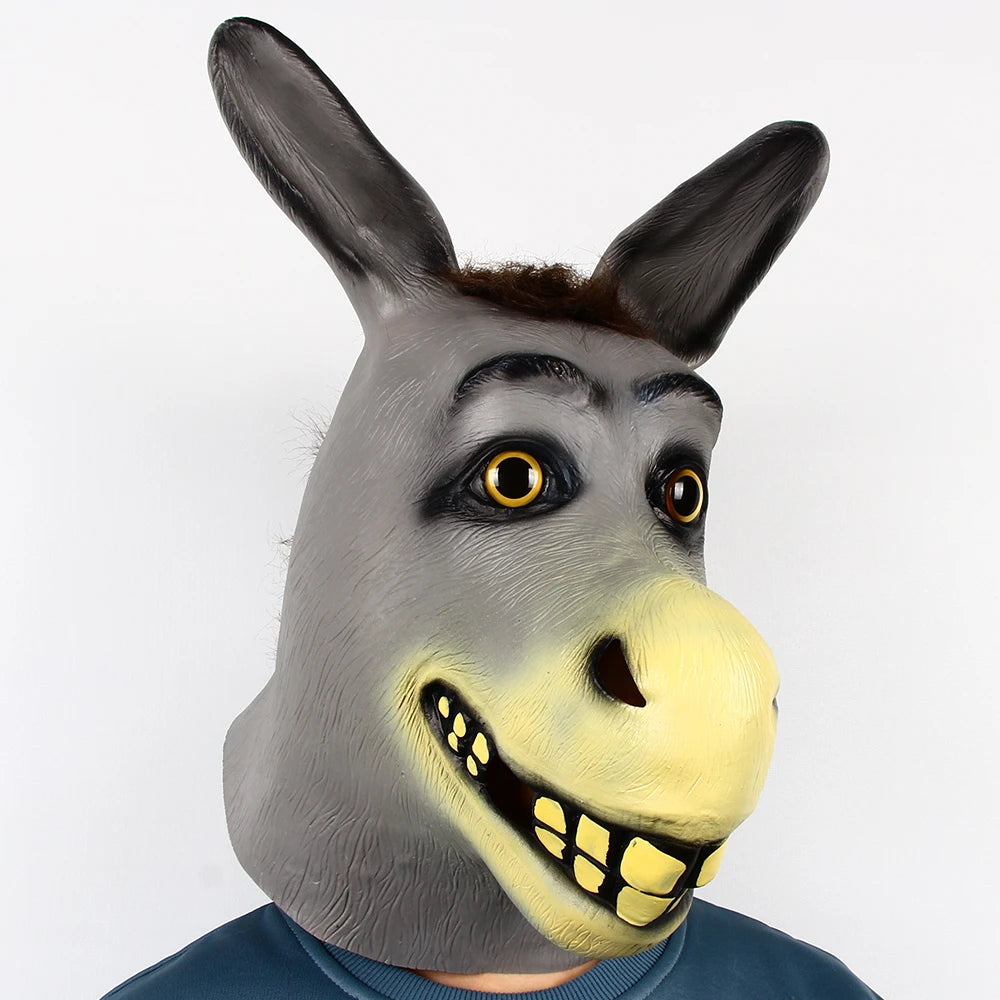 Donkey mask with gray face, yellow nose, and black ears on a white background