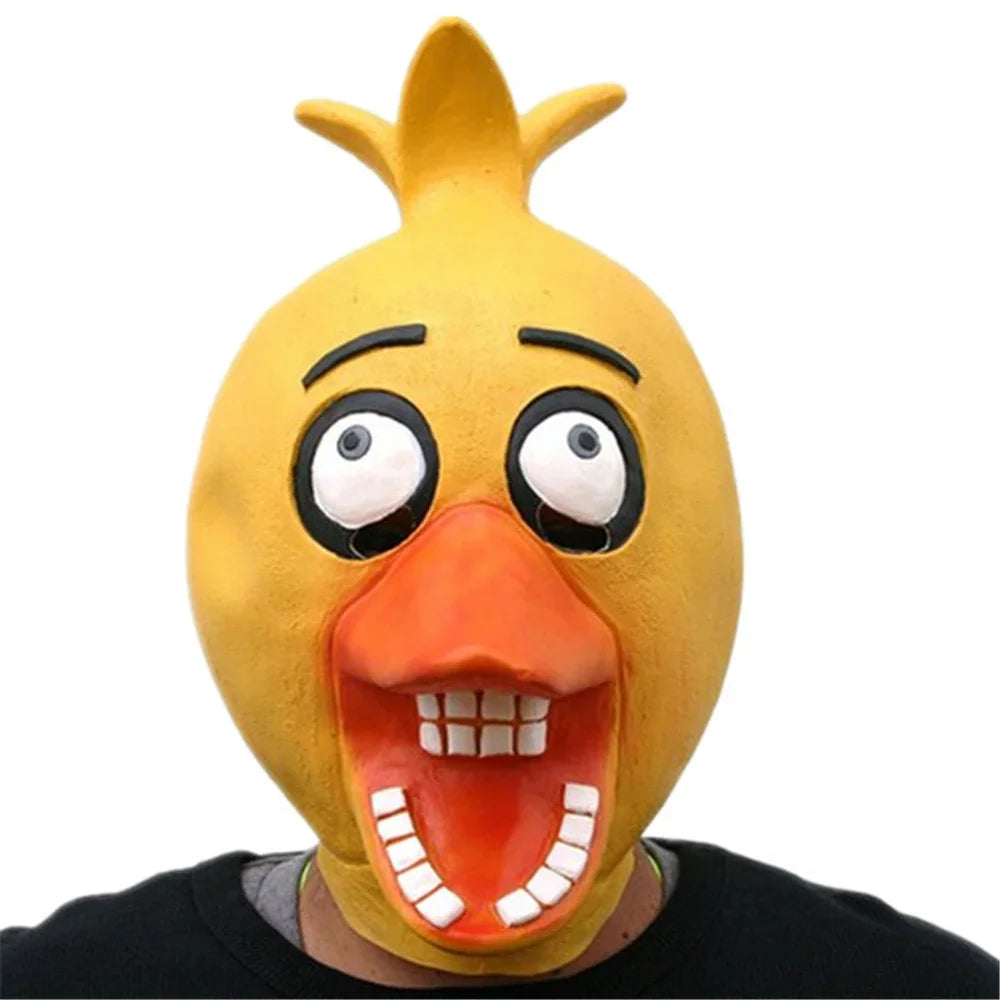 Person wearing a yellow chicken mask with a surprised expression on a white background