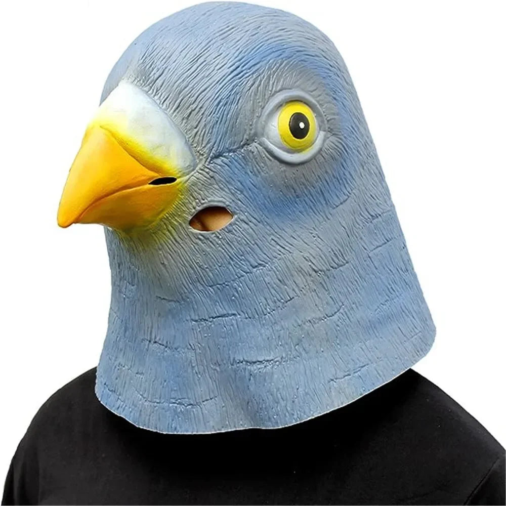 Blue bird mask with yellow beak and black eye on a white background