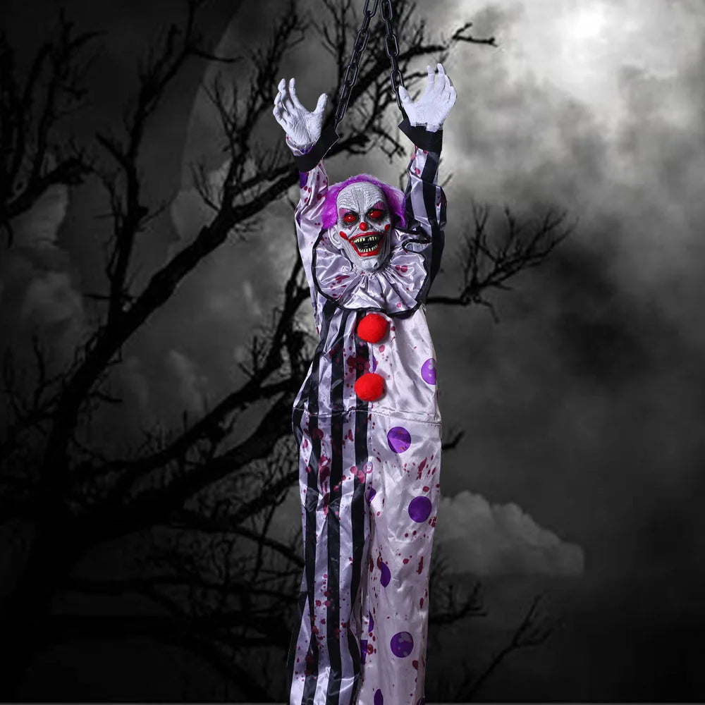 Horror clown figure on stilts against a dark, cloudy sky with bare trees.