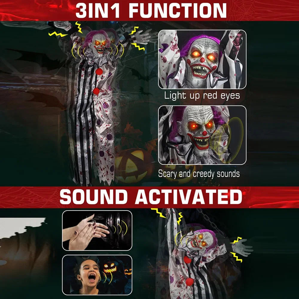 Halloween costume with animated features, including light-up red eyes and scary sounds, on a dark background.