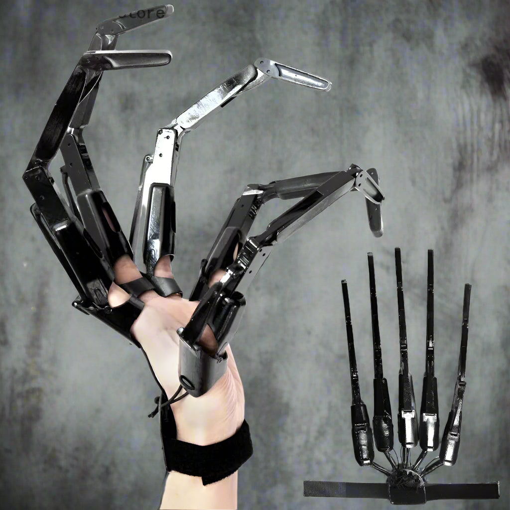 Black mechanical glove with articulated fingers on a white background
