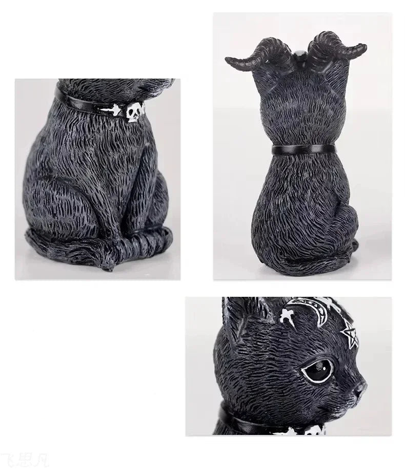 Black cat figurine with a collar and decorative elements on a white background