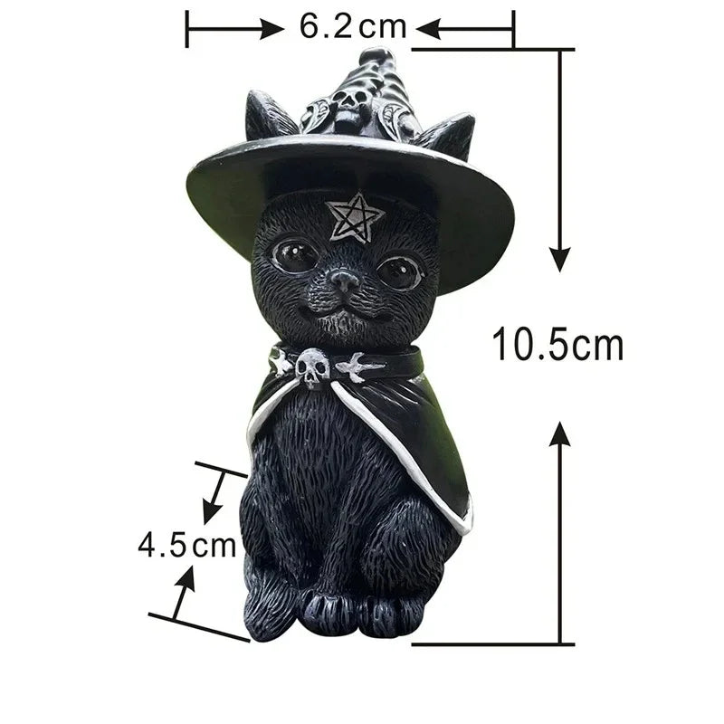 Black cat figurine with witch hat and measurements on a white background