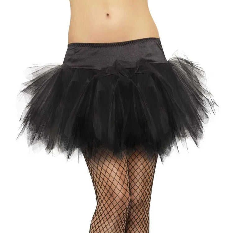 Black tutu skirt worn by a person on a white background