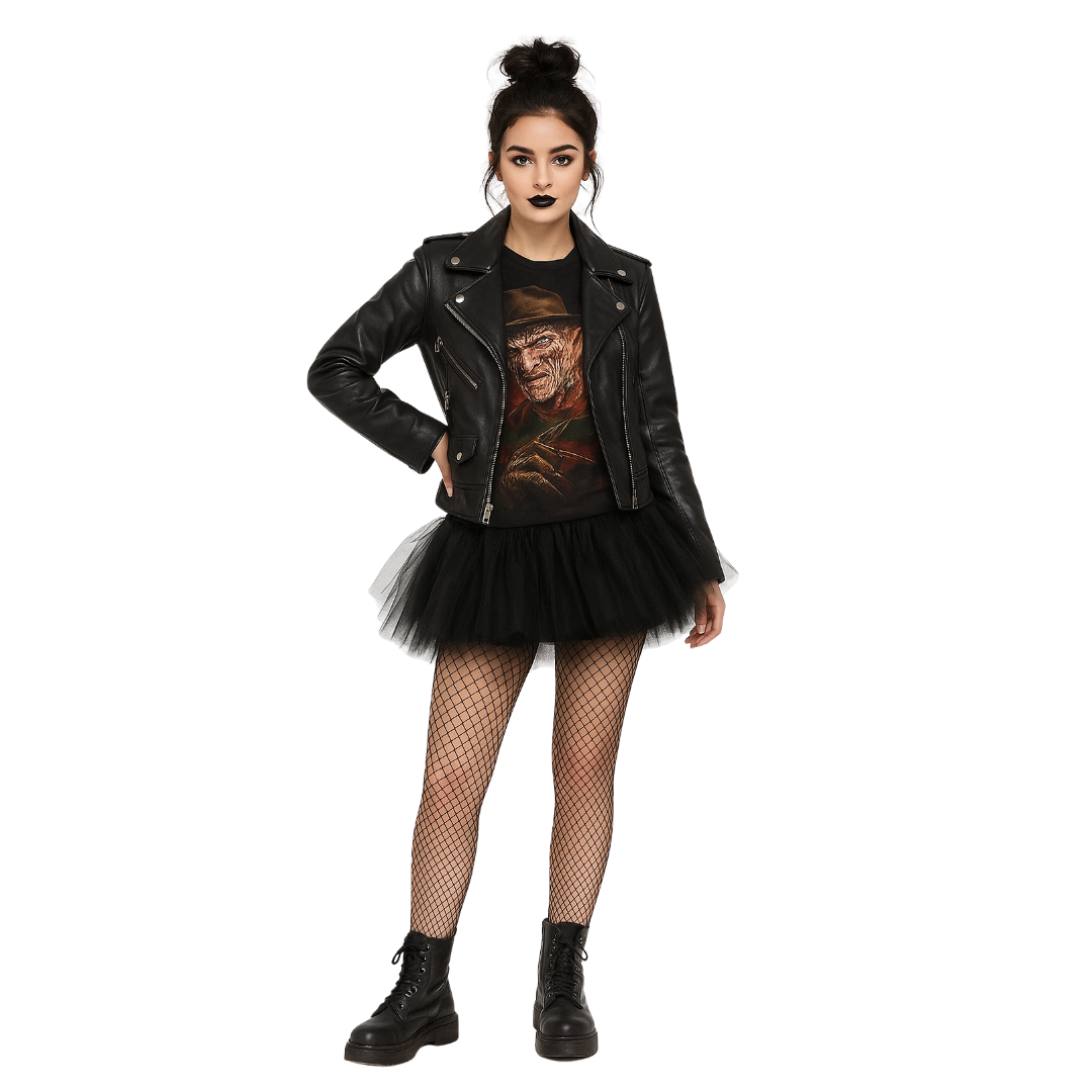 Person wearing a black leather jacket, black t-shirt with graphic design, black skirt, and fishnet stockings on a white background.