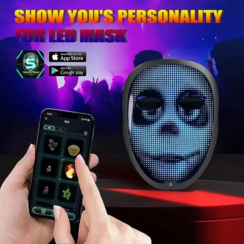 LED mask with digital display and smartphone app for customization, set against a colorful background.