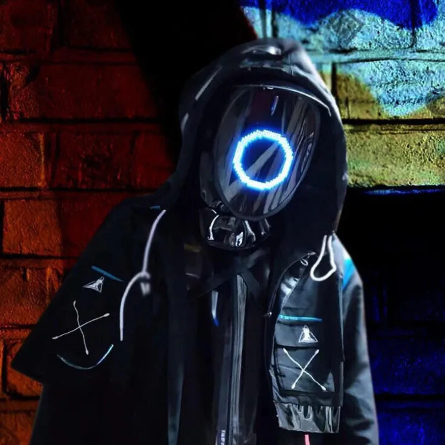 Person wearing a futuristic hooded jacket with glowing elements in front of a stained glass window.