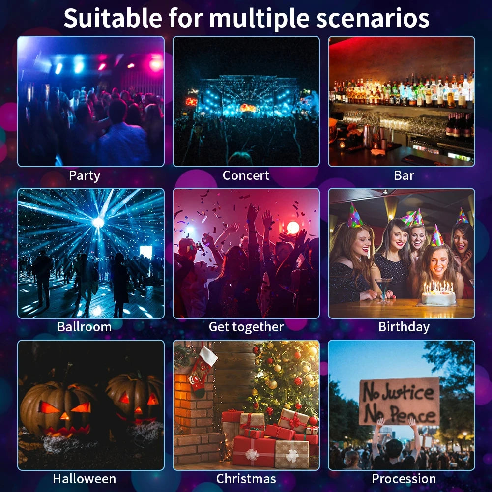 Collage of various event scenes including party, concert, bar, ballroom, get together, birthday, Halloween, Christmas, and procession.