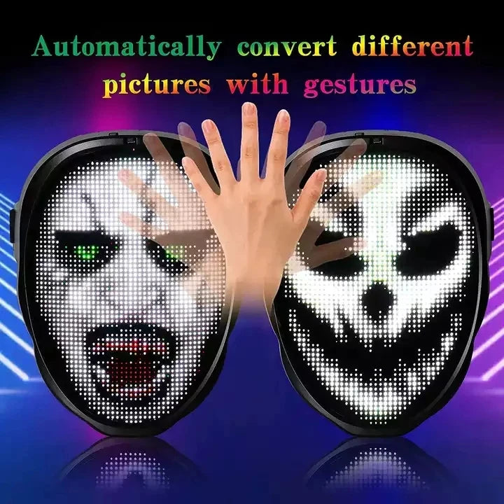 LED face mask with digital display and hand interacting with it on a colorful background