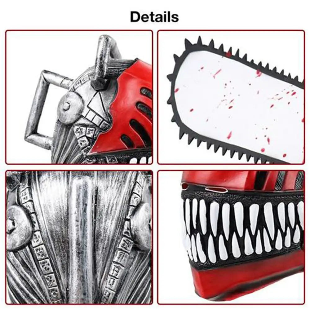 Close-up details of a chainsaw-themed product with red and black design elements.