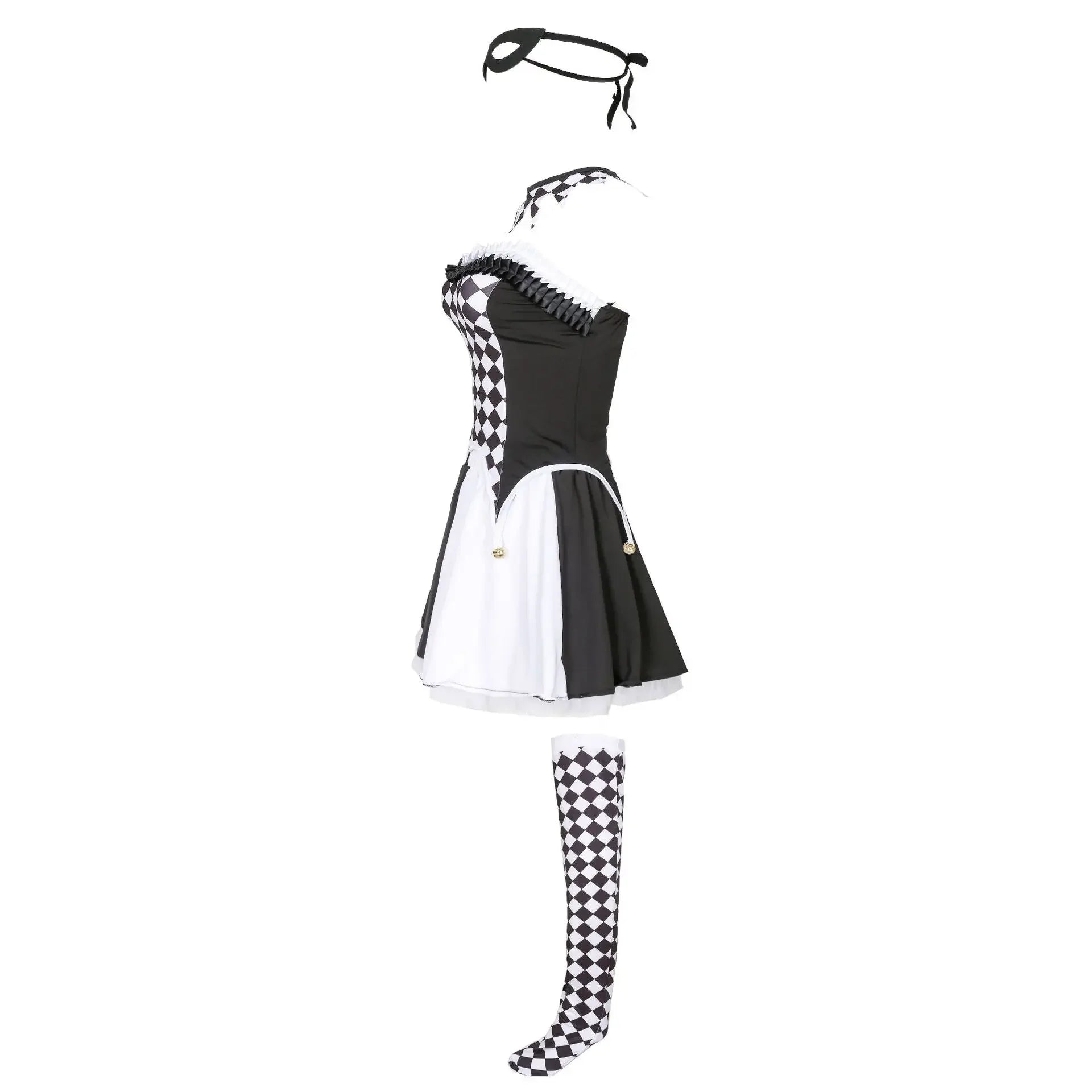 Black and white checkered dress with matching accessories on a white background