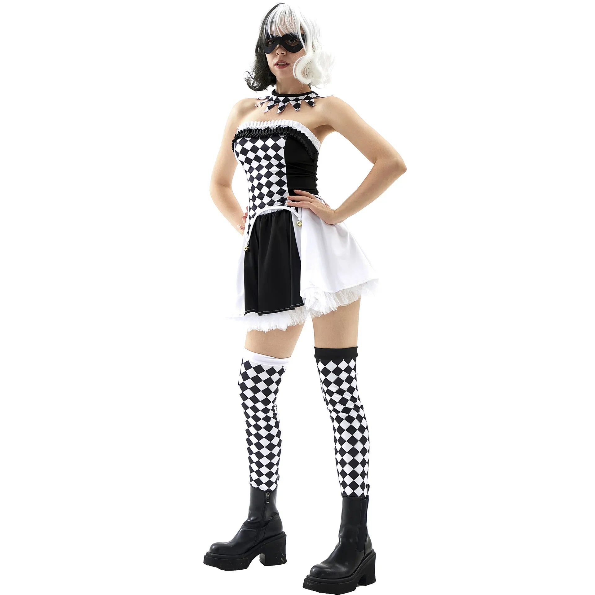 Person wearing a black and white checkered costume with a dress, apron, and stockings on a white background.