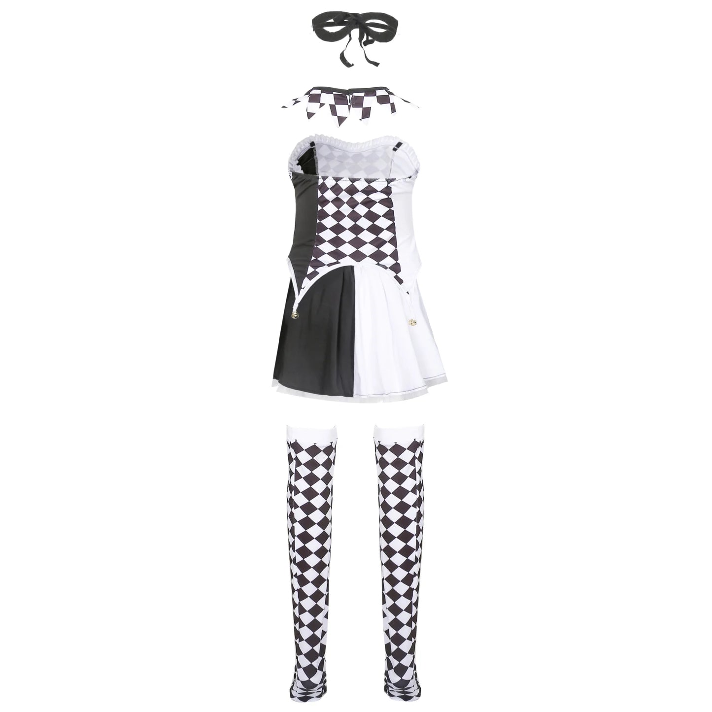 Black and white checkered dress with matching headband and stockings on a white background