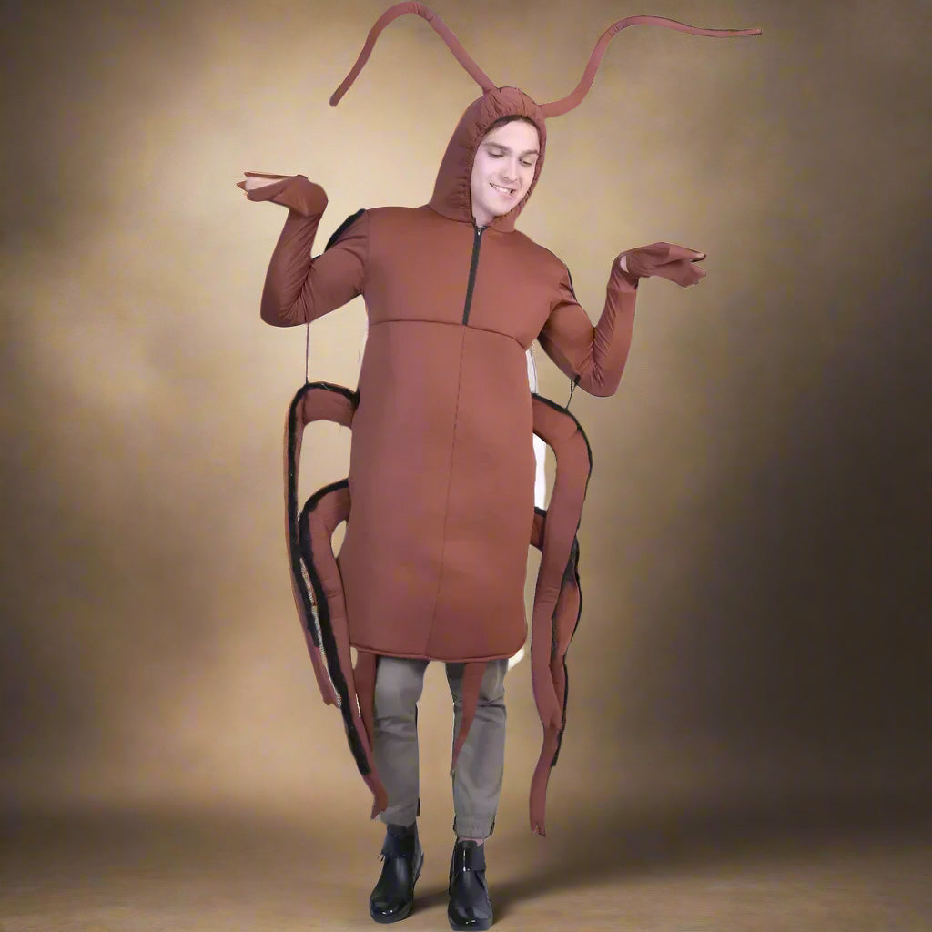 Person wearing a brown cockroach costume on a white background