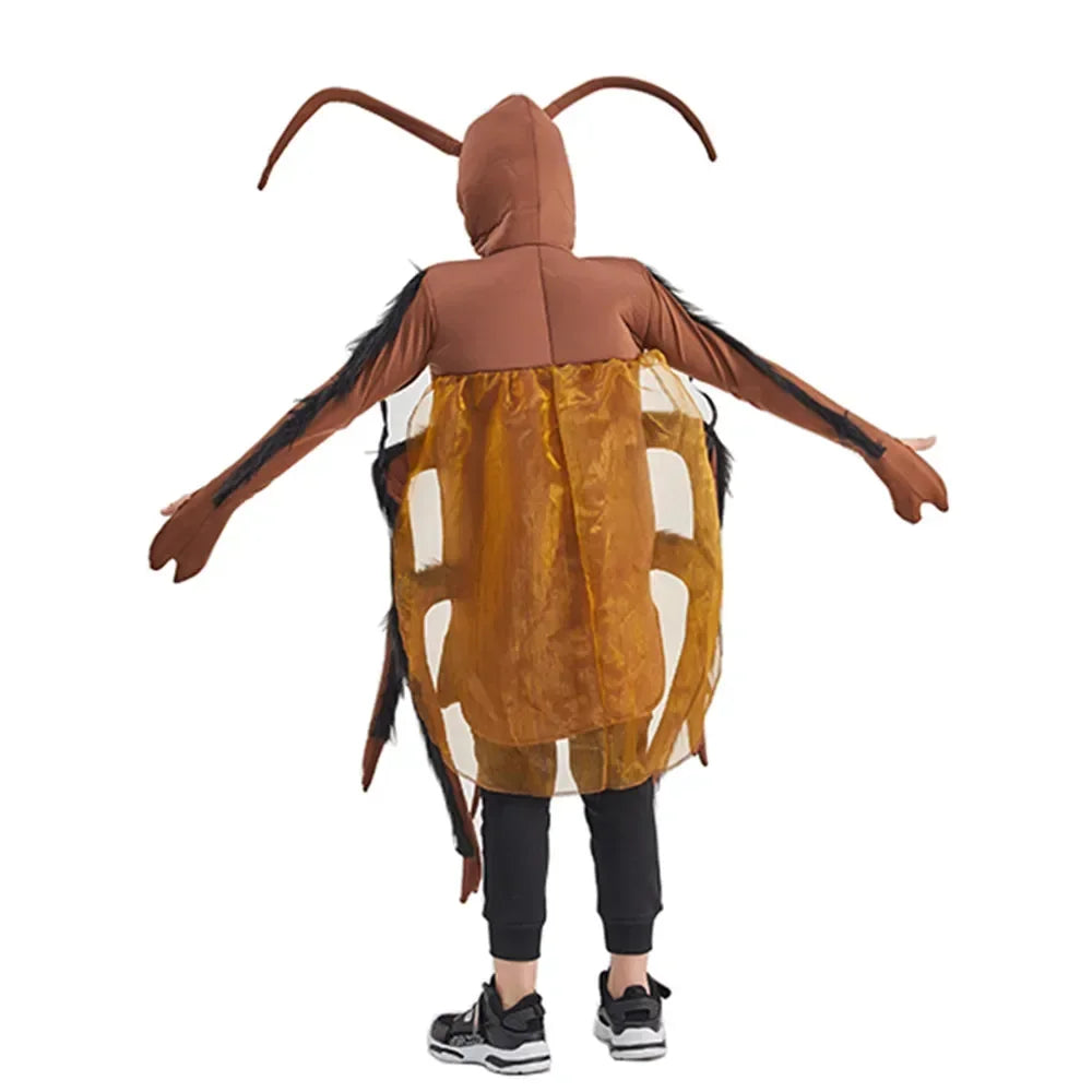 Bug costume with brown hood and segmented body on a white background