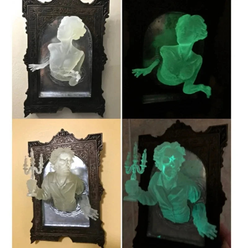 Glowing figures in dark frames on a black background