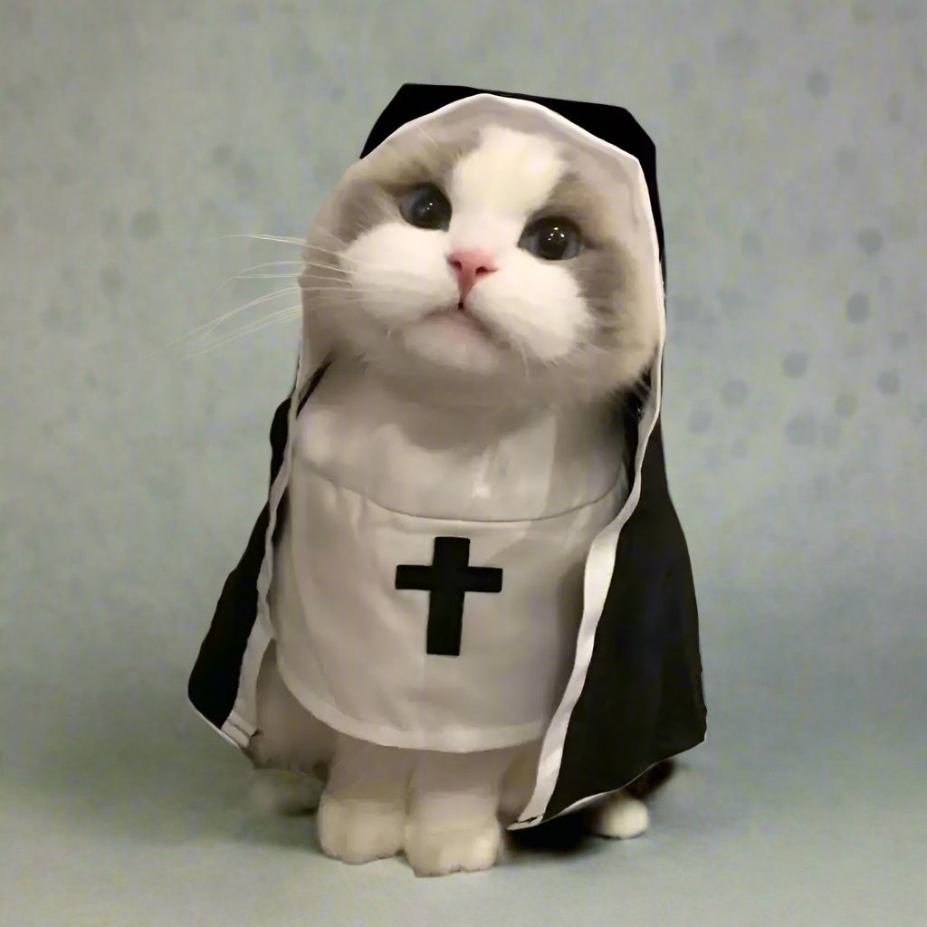 Cat wearing a nun costume with a cross on a neutral background