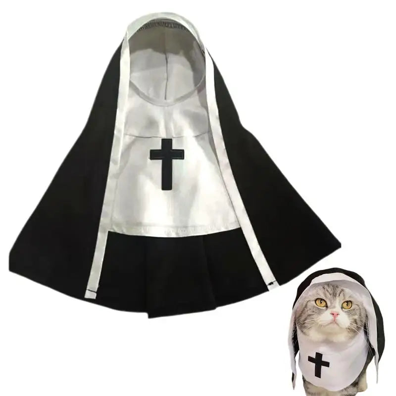 Cat wearing a nun costume with a cross on a white background