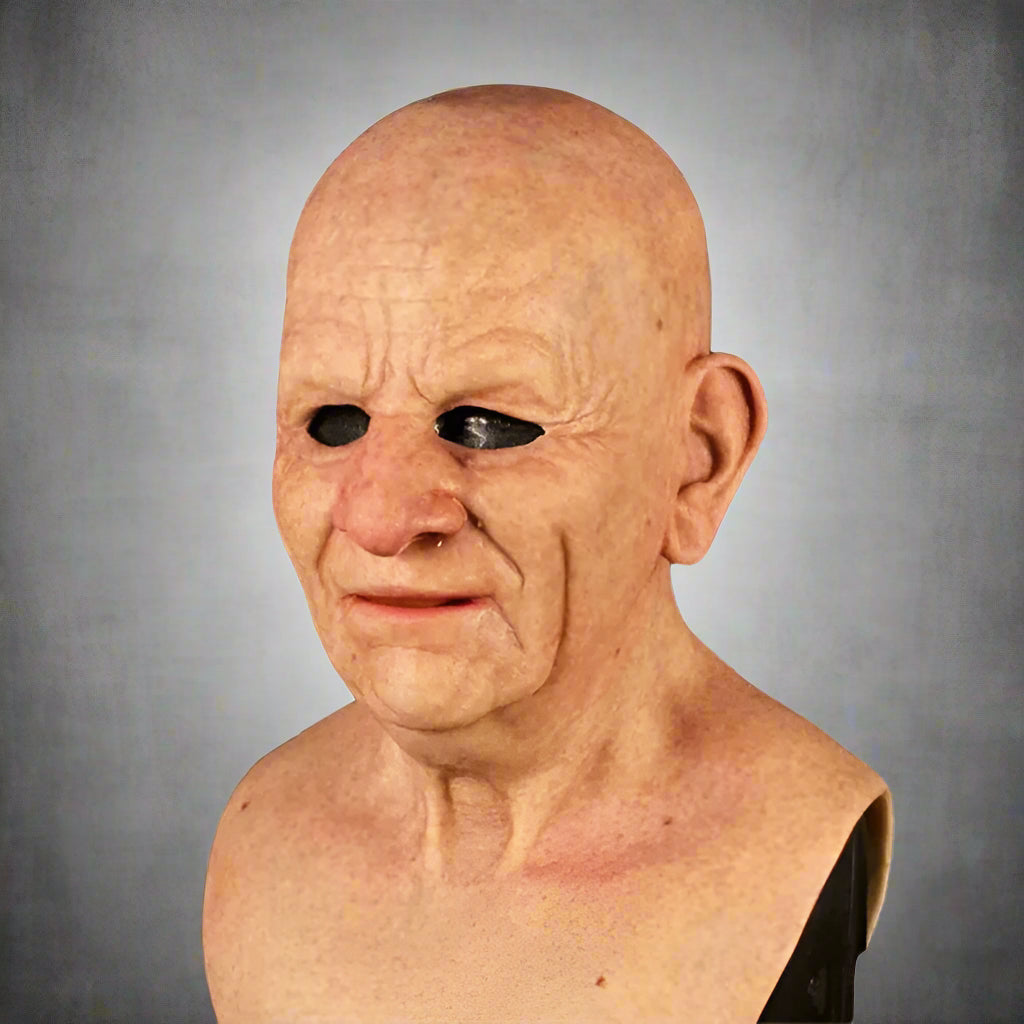 Bald mannequin head with a realistic aging texture on a white background