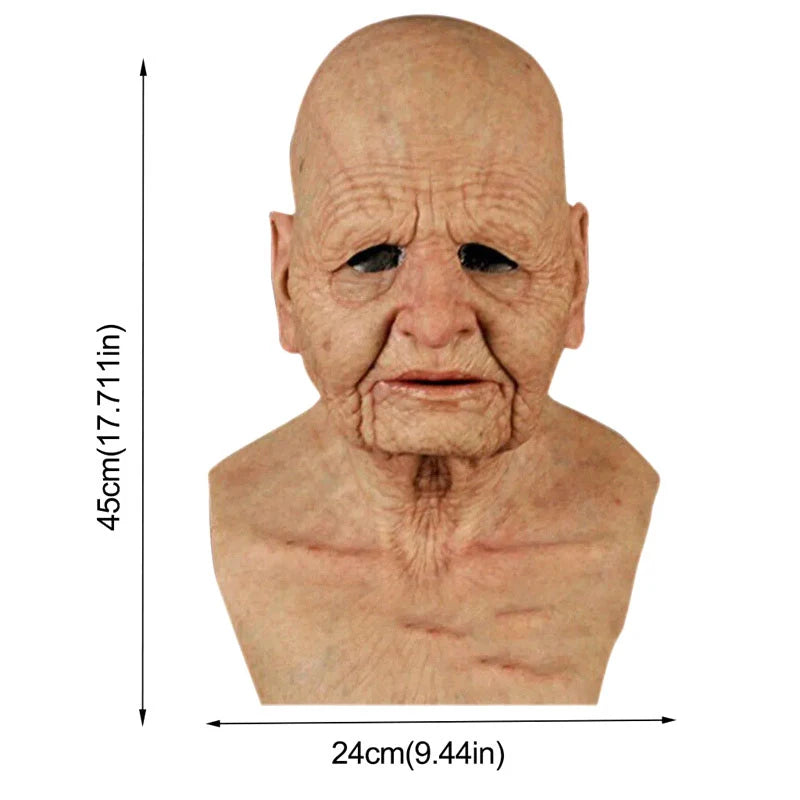 Older person's head and shoulders with measurements on a white background