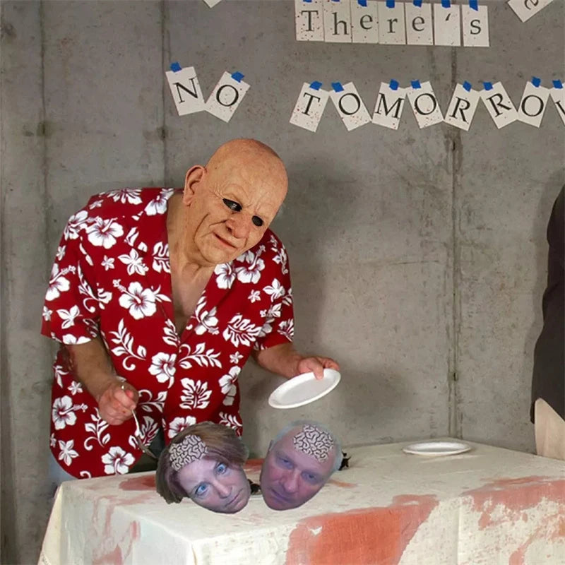 Person in a red Hawaiian shirt with a head on a table, text 'There's NO TOMORROW' above.