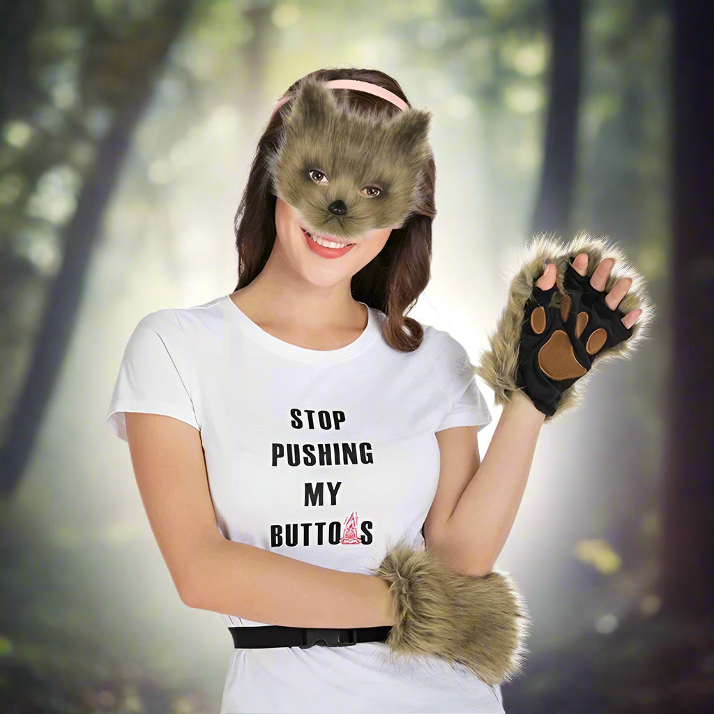 Person wearing a fox mask and gloves with a white t-shirt displaying text.