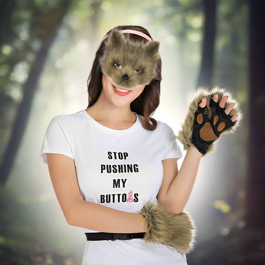 Person wearing a fox mask and gloves with a white t-shirt displaying text.