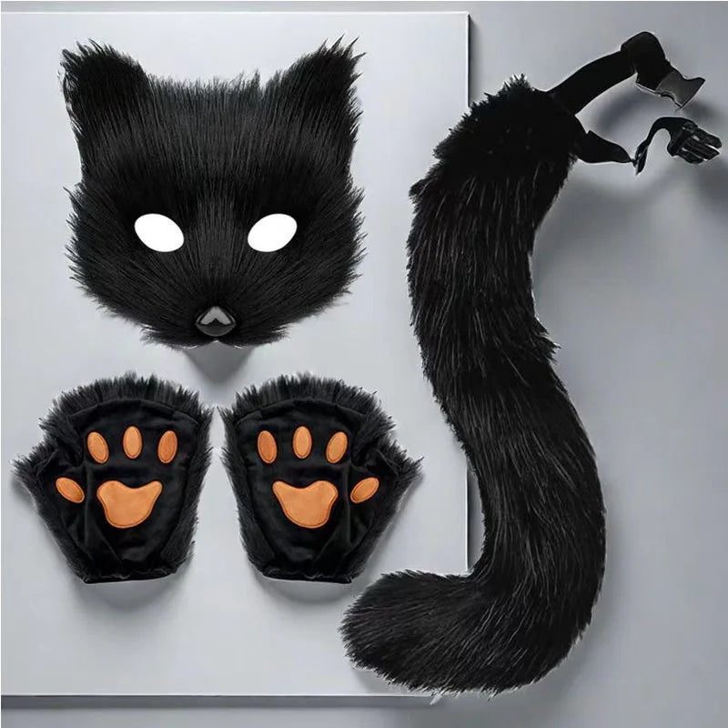 Black cat mask with paw pads and a long tail on a light gray background