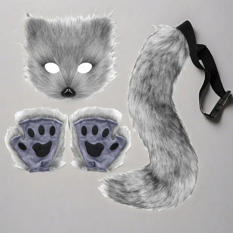 Gray wolf mask, tail, and paw pads on a light gray background