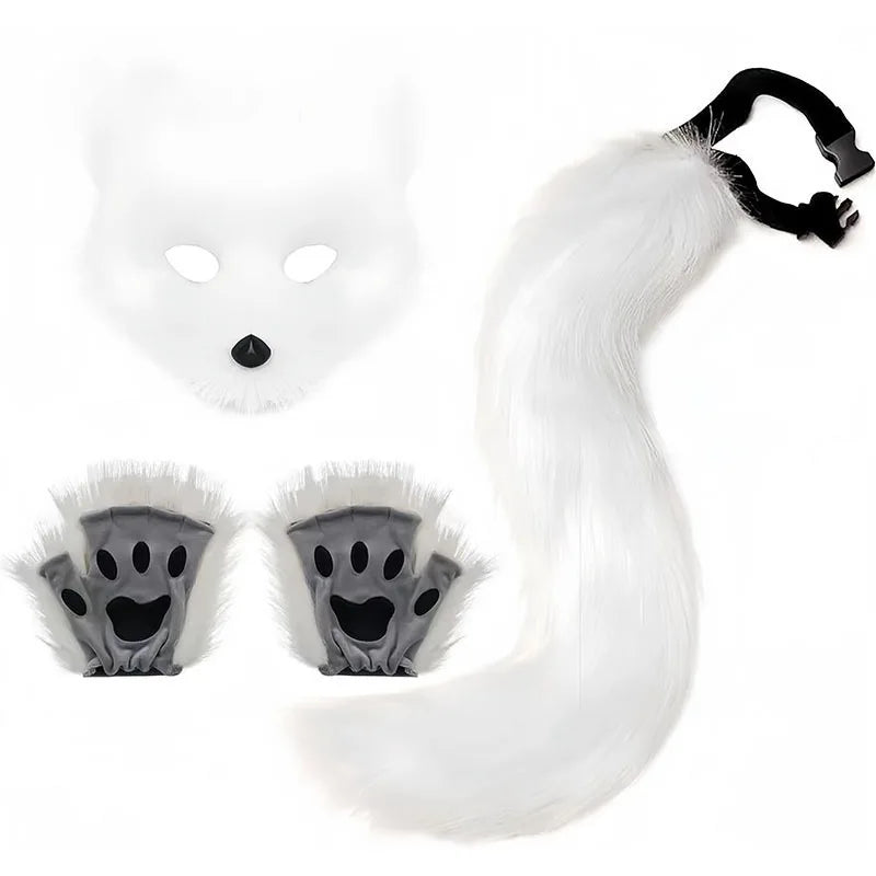 White animal mask with gray paw-like gloves and a black strap on a white background