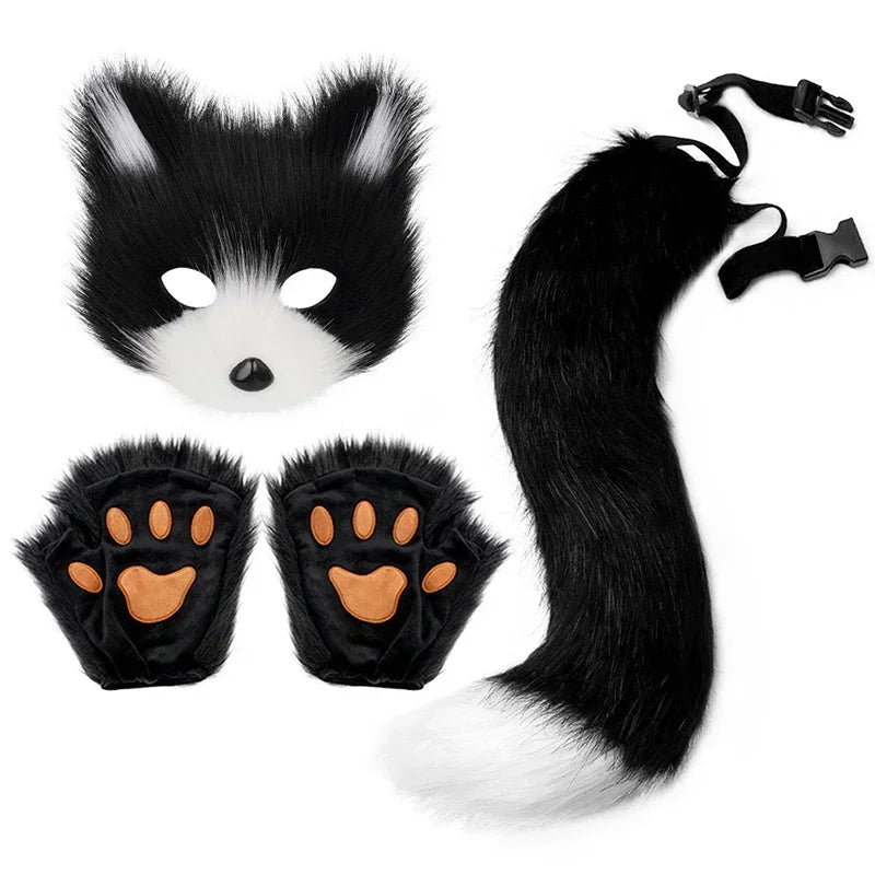 Black and white animal mask with ears, paw gloves, and a tail on a white background