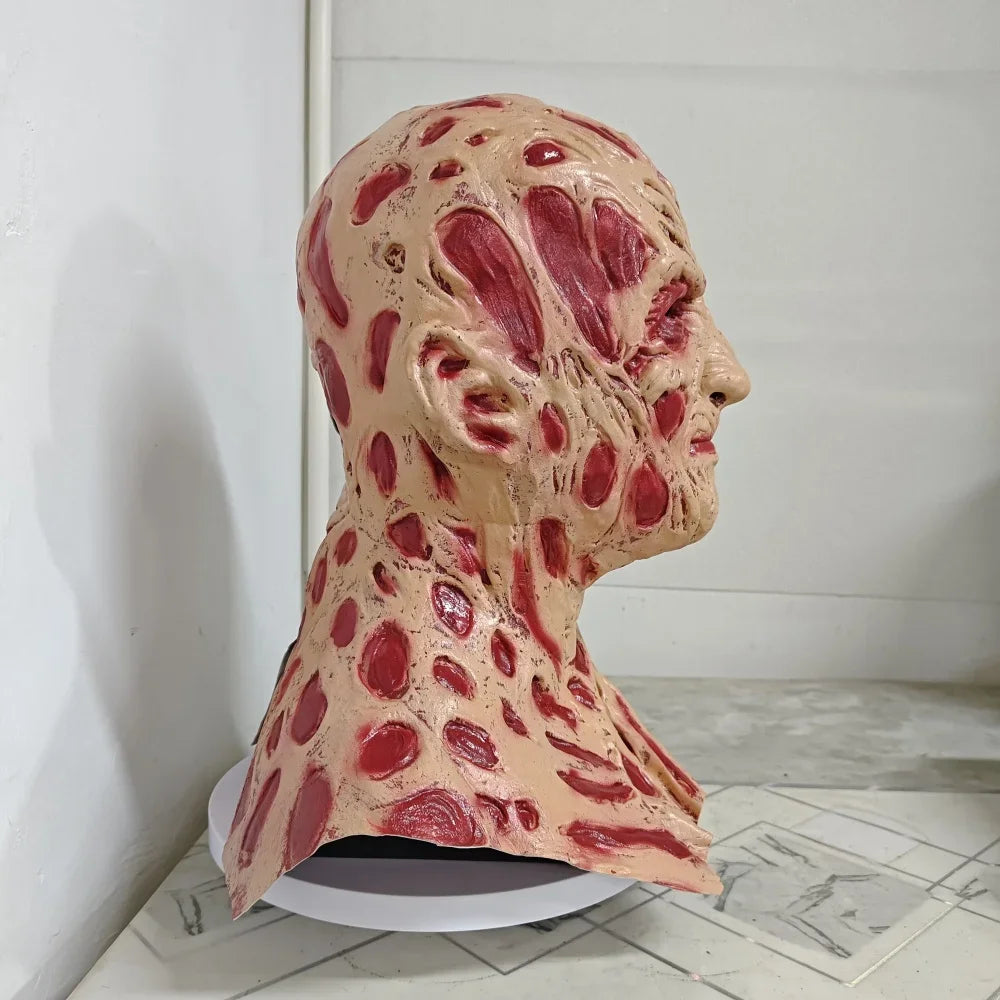 Anatomical model of a human head with visible muscles on a white background