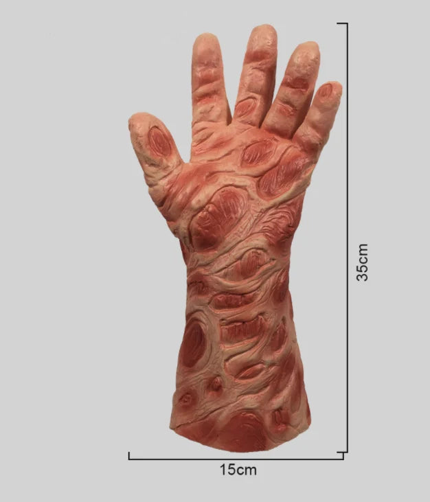 Glove with a textured surface and measurements on a gray background