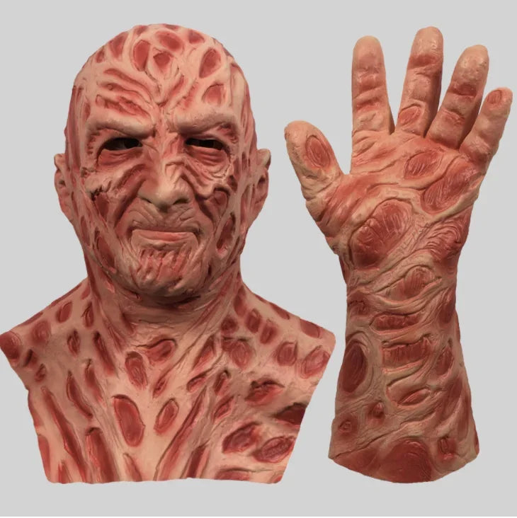 Halloween costume piece with a textured mask and glove on a plain background