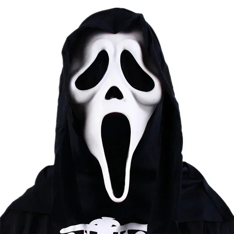 Person wearing a black hooded garment with a white mask resembling the 'Scream' character on a white background