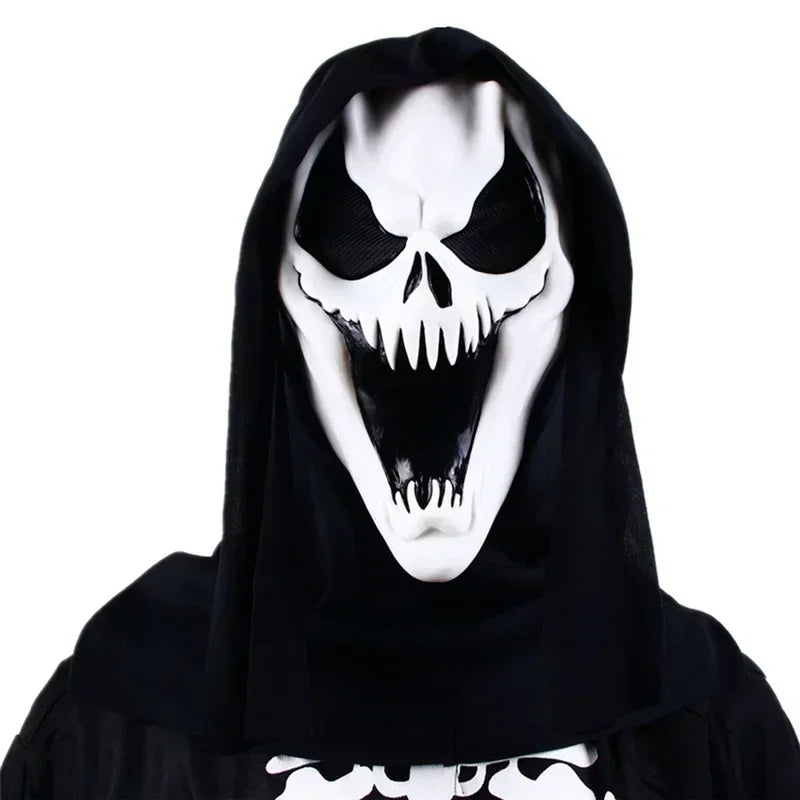 Black hooded garment with a white skull face design on a white background