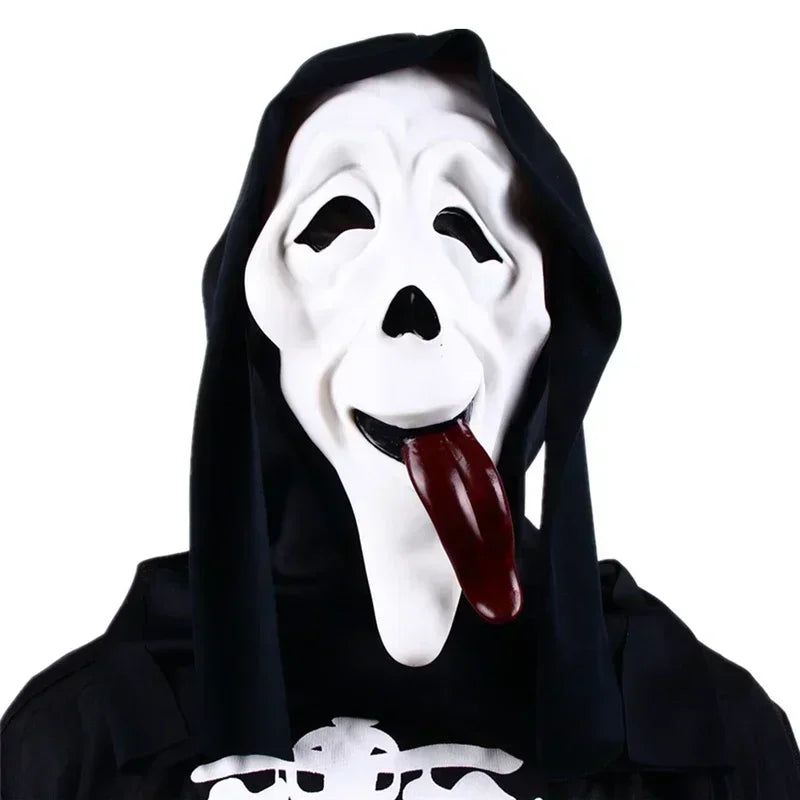 Person wearing a black hooded garment with a white mask featuring a black tongue.