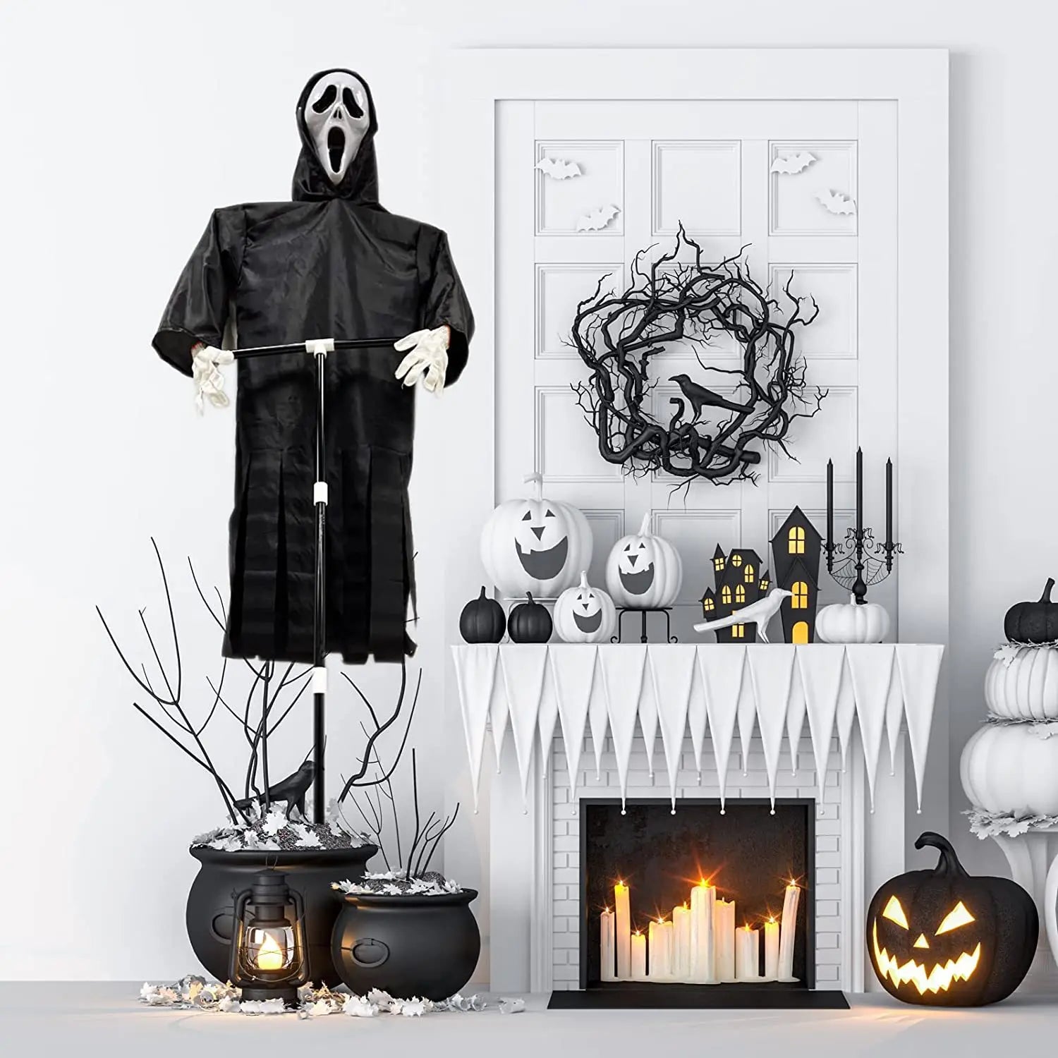 Halloween-themed room with ghostly figure, pumpkins, and fireplace.
