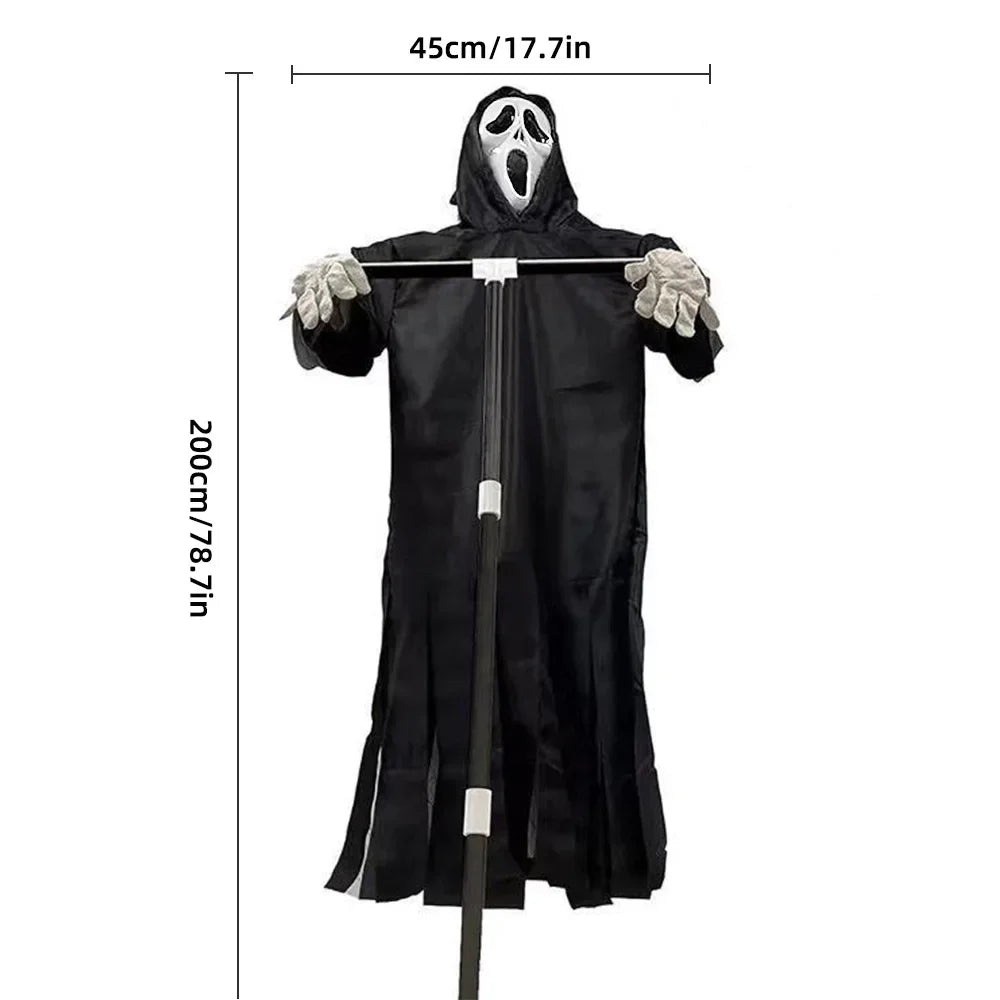 Halloween decoration with a black robe and white mask, held by a stand, with dimensions displayed.